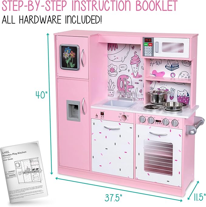 Lil' Jumbl Kids Kitchen Set, Pretend Wooden Play Kitchen, Battery Operated Icemaker & Microwave with Realistic Sound, Pots & Pan Included - Pink