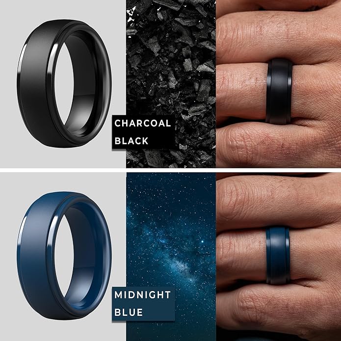 ThunderFit Silicone Rings for Men - 7 Rings / 4 Rings / 1 Ring Step Edge Rubber Wedding Bands 10mm Wide - 2.5mm Thick