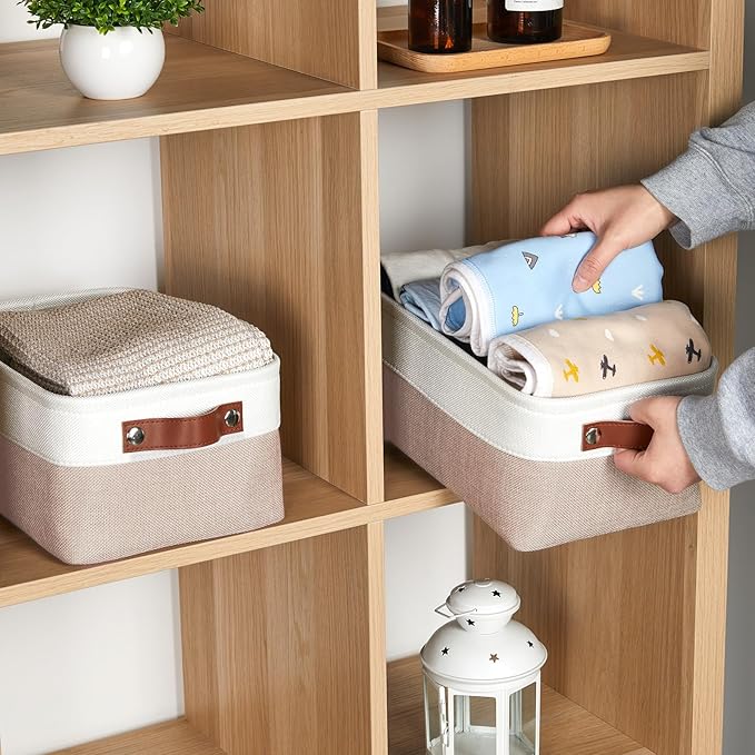 DULLEMELO Collapsible Fabric Storage Bins - Set of 2, 11.8x7.9x5.1 Inch, White & Khaki-CubbioBaby