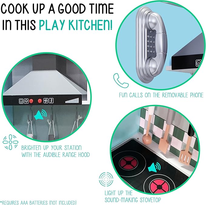 Lil’ Jumbl Kids Blue Kitchen Set, Pretend Wooden Play Kitchen, Battery Operated Icemaker, Microwave, Range Hood, Stove Top, Oven, with Realistic Sound & Lights, Pots, Pan, & Utensils Included
