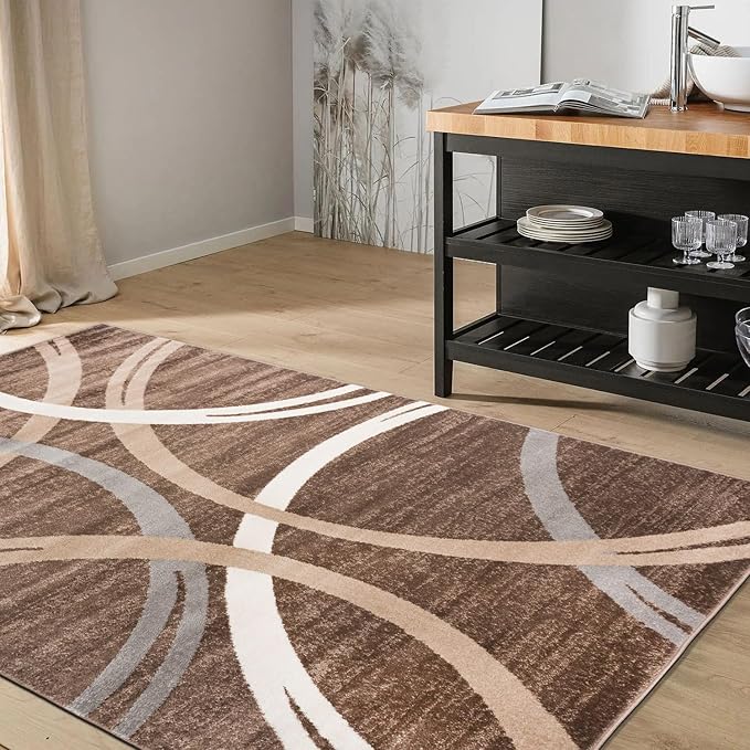 Rugshop Modern Wavy Circles Design Area Rug 5' 3" x 7' 3" Brown-CubbioBaby