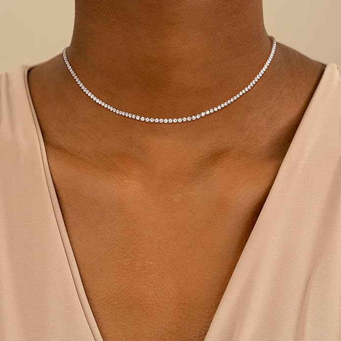 Tennis Necklace for Women, 14K Gold/Silver Plated Rhinestone Choker Necklace for Women, Dainty Cubic Zirconia Cut Faux Diamond Chain