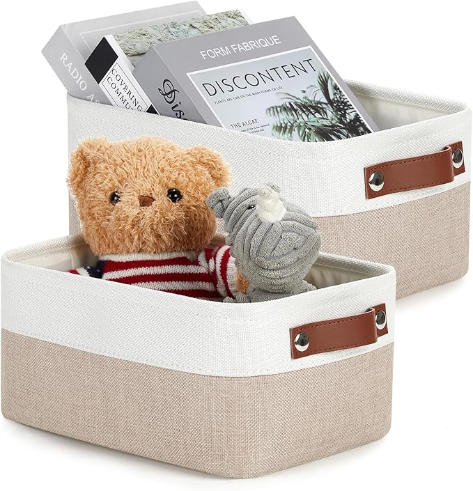 DULLEMELO Collapsible Fabric Storage Bins - Set of 2, 11.8x7.9x5.1 Inch, White & Khaki-CubbioBaby