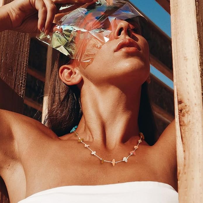 Created Turquoise Necklace for Women 14K Gold Plated Beaded Heart Choker Boho Necklaces Handmade Beach Summer Everyday Western Jewelry Gifts