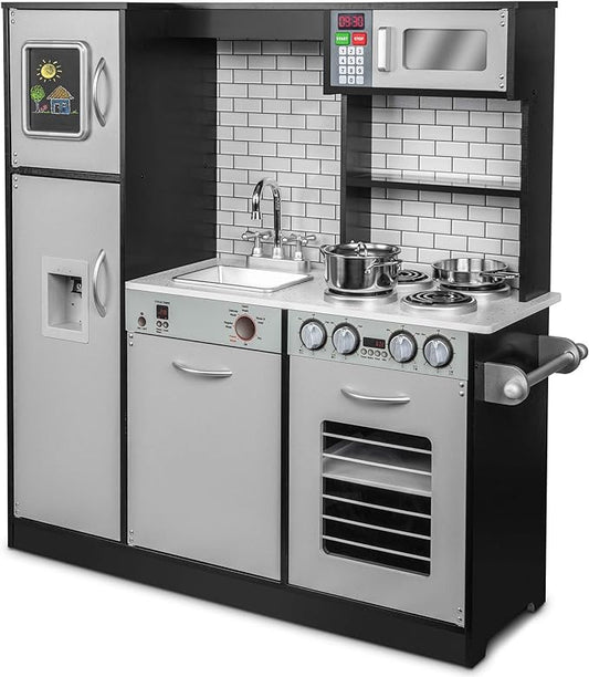 Lil' Jumbl Kids Kitchen Set, Pretend Wooden Play Kitchen, Battery Operated Icemaker & Microwave with Realistic Sound, Pots & Pan Included - Charcoal