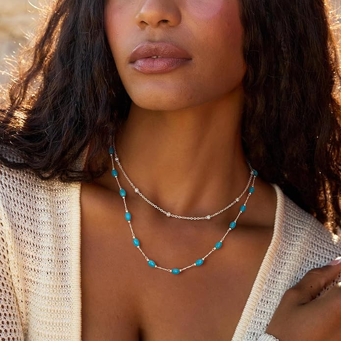 Created Turquoise Necklace for Women 14K Gold Plated Beaded Heart Choker Boho Necklaces Handmade Beach Summer Everyday Western Jewelry Gifts