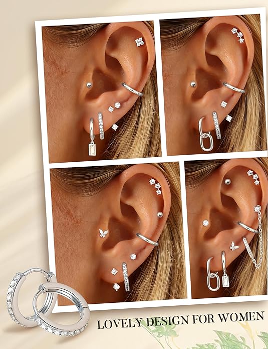 HAIAISO Small 14K Gold Plated Huggie Hoop Earrings for Women Lightweight Double Piercing Chain Earrings Dainty Stud Earrings Hypoallergenic 14K Gold Plated Hoop Earrings Set