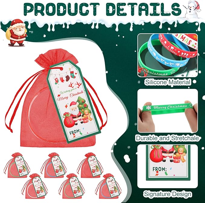 Liliful 72 Pcs 24 Set Christmas Students Gifts, Christmas Silicone Wristbands with Gift Label Tags and Organza Bags for Kids Christmas Stocking Stuffers Classroom Gifts Party Favors