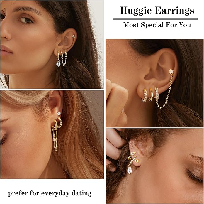 HAIAISO Small 14K Gold Plated Huggie Hoop Earrings for Women Lightweight Double Piercing Chain Earrings Dainty Stud Earrings Hypoallergenic 14K Gold Plated Hoop Earrings Set