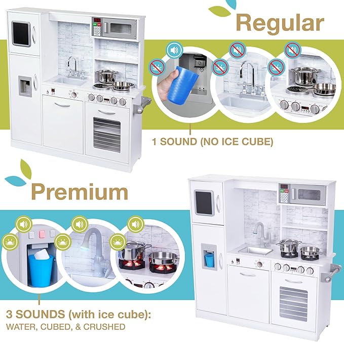 Lil' Jumbl Kids Kitchen Set, Pretend Wooden Play Kitchen, Battery Operated Icemaker, Burners, Faucet & Microwave Makes Realistic Sound & Light, Pots & Pan Included - White