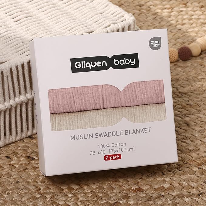GLLQUEN BABY Muslin Swaddle Blankets for Girls, 2-Pack Organic Baby Blankets for Girl Boy, Newborn Receiving Blanket, Baby Swaddle Blanket Unisex, Baby Essentials, Registry & Gift, 40 x 38 inches-CubbioBaby