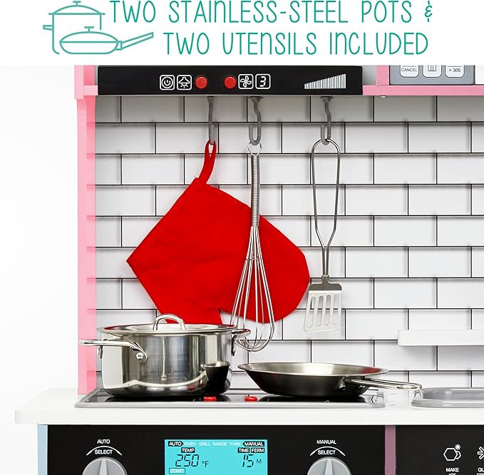 Lil' Jumbl Kids Pink Small Kitchen Set, Pretend Wooden Play Kitchen, Includes Range Hood, Microwave, Stove Top, Oven That Make Realistic Sound & Light, Pots, Pan, Cutting Board & Utensils Included