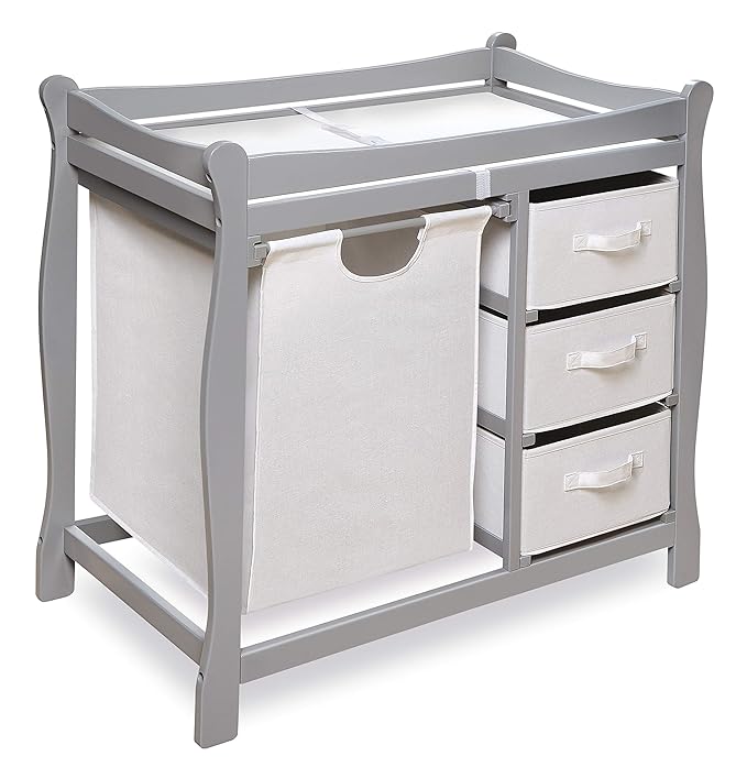 Badger Basket Sleigh-Style Baby Changing Table - Diaper Changing Station with 3 Storage Baskets - Nursery Organizer with Hamper, Changing Pad, Safety Rails - Gray-CubbioBaby