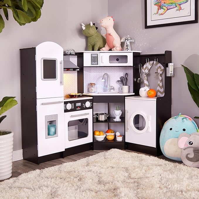 Lil' Jumbl Kids Corner Kitchen Set, Pretend Wooden Deluxe Play Kitchen, Battery Operated Icemaker, Stovetop & Faucet with Realistic Sound - Black