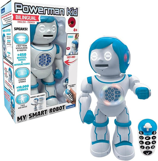 Lexibook Powerman Kid - Educational and Bilingual English/Spanish Robot - Walking Talking Dancing Singing Toy - STEM Programmable Telling Creating Stories - Quizzes Shooting Discs for Kids - ROB90US