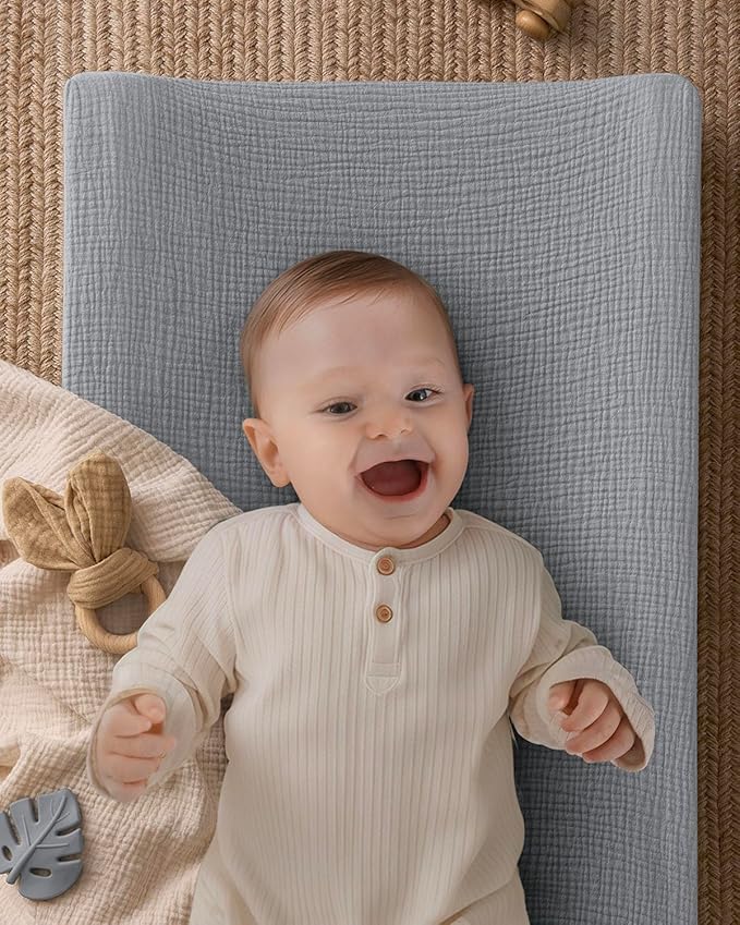 Blissful Diary Muslin Baby Changing Pad with Waterproof Lining Foam, Diaper Changing Table Pad with Cover for Dressers (Gray, Rectangular)-CubbioBaby