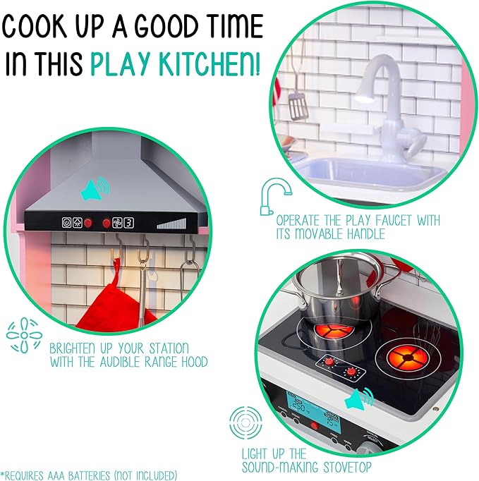 Lil' Jumbl Kids Pink Small Kitchen Set, Pretend Wooden Play Kitchen, Includes Range Hood, Microwave, Stove Top, Oven That Make Realistic Sound & Light, Pots, Pan, Cutting Board & Utensils Included