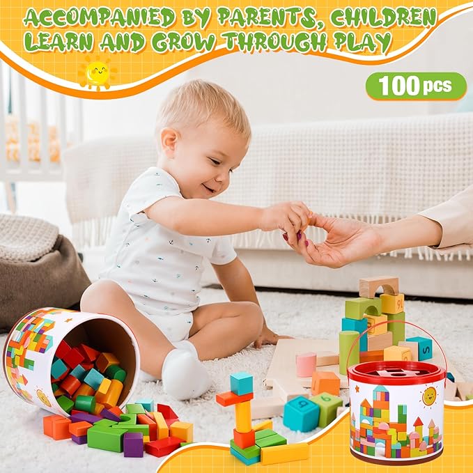 Libima 100 Pcs Wood Building Blocks for Toddlers 2-4 Years with Storage Container Wooden Building Blocks Wooden Building Set Wooden Building Set Preschool Block Learning Toys