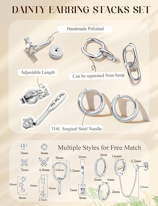 HAIAISO Small 14K Gold Plated Huggie Hoop Earrings for Women Lightweight Double Piercing Chain Earrings Dainty Stud Earrings Hypoallergenic 14K Gold Plated Hoop Earrings Set