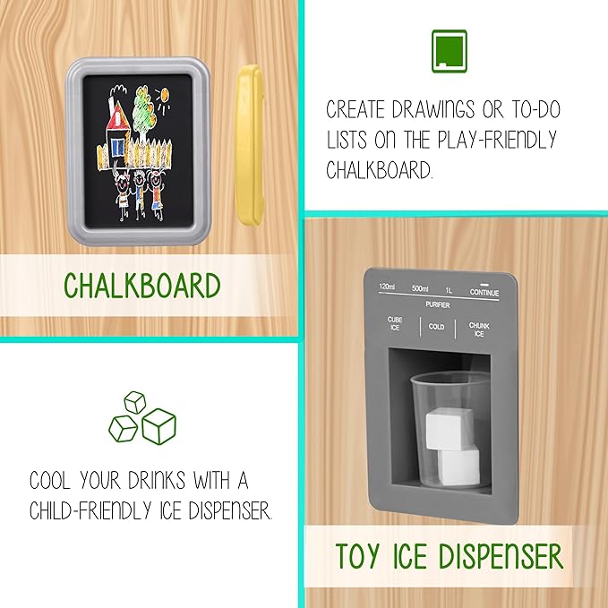 Lil' Jumbl Kids Kitchen Set, Pretend Wooden Play Kitchen with Chalk Board, Play Phone, Towel Rack & Ice Dispenser, Clicking Knobs, Pots & Utensils Included - Natural