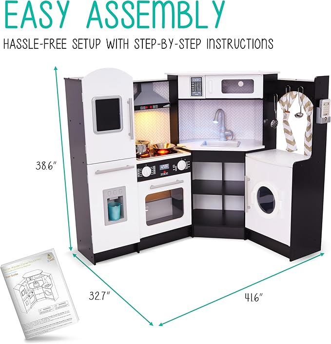 Lil' Jumbl Kids Corner Kitchen Set, Pretend Wooden Deluxe Play Kitchen, Battery Operated Icemaker, Stovetop & Faucet with Realistic Sound - Black