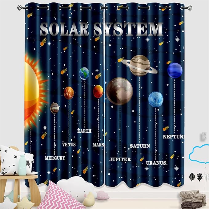 Solar System Curtain Panels - 2Pcs 95% Blackout Outer Space Curtains for Boys Bedroom Grommet Room Darkening Galaxy Planets Themed Curtains for Living Room, 82" x 84"-CubbioBaby