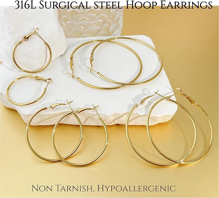 Hypoallergenic 18K Gold Plated Hoop Earrings for Women,Gold Surgical Steel Hoops Earrings, Big Large Thin Hoop Earring for Women, Classic Hoops Everyday Wear 30/40/50/60mm
