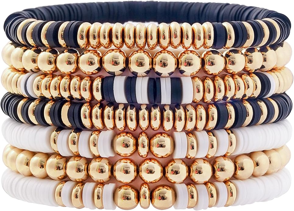 GOOJIDS Surfer Heishi Clay Bead Bracelets for Women Bohemian Stackable Gold Plated Beaded Stretch Bracelets Elastic Layering Friendship Bracelets Set Boho Jewelry