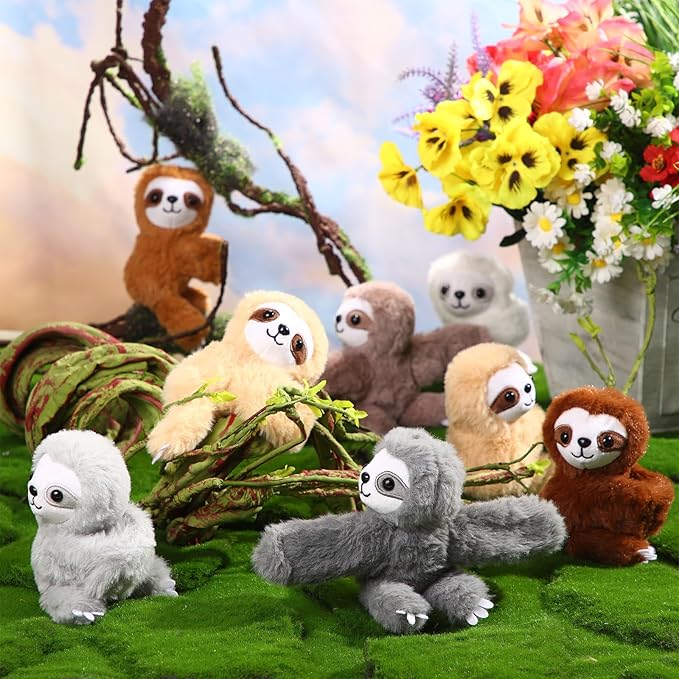 Liliful 8 Pack Kids Valentine's Day Gifts Stuffed Animal Cat Slap Bracelets, Valentines 8 Inch Plush Wrist Cute Snap Bracelets Birthday for Boys Girls Child Bulk Items Party Favors(Sloths)