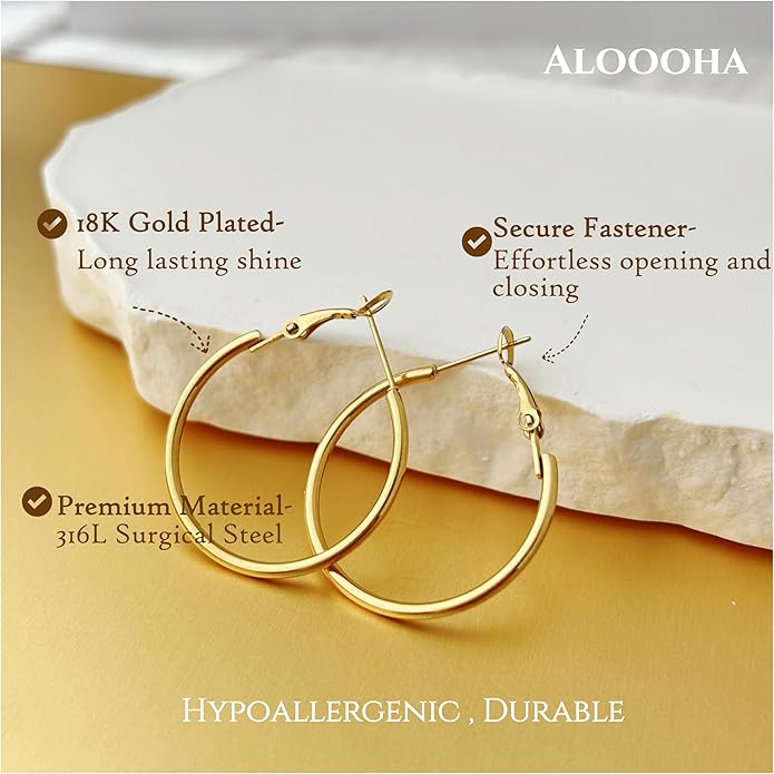 Hypoallergenic 18K Gold Plated Hoop Earrings for Women,Gold Surgical Steel Hoops Earrings, Big Large Thin Hoop Earring for Women, Classic Hoops Everyday Wear 30/40/50/60mm
