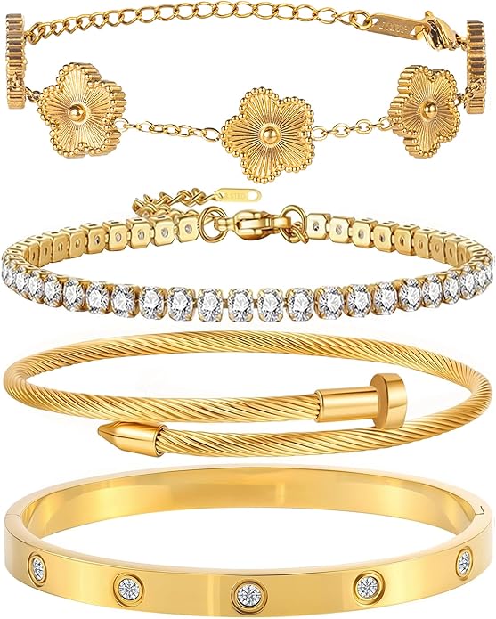 18K Gold Plated Nail Love Bangle Bracelet Set for Women Stackable Floral Clover Adjustable Tennis Bracelet Non Tarnish Gift Jewelry for Christmas Valentines Birthday Mother's Day