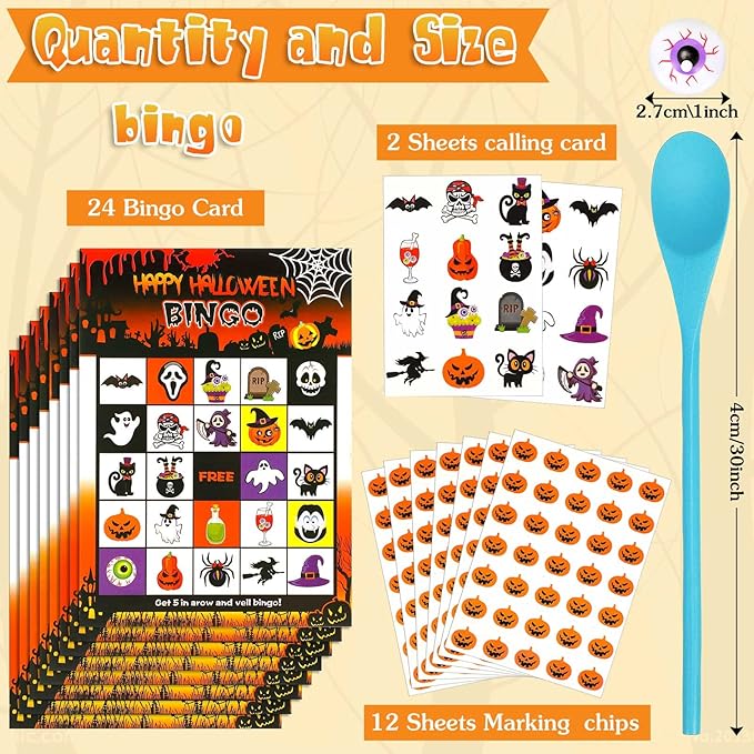Libima Halloween Party Games Set Includes Pumpkin Bean Bag Toss Games Inflatable Spiders Witch Hat Toss Game Halloween Eyeball Spoon Relay Race Game Bingo Game for Kids Adults, 4 types
