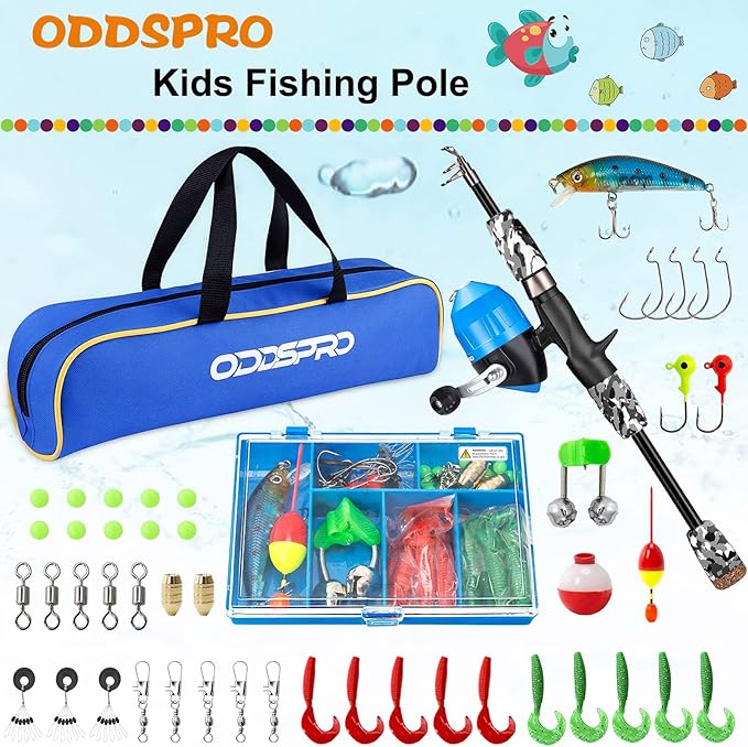 ODDSPRO Kids Fishing Pole Pink, Portable Telescopic Fishing Rod and Reel Combo Kit - with Spincast Fishing Reel Tackle Box for Girls, Youth-CubbioBaby