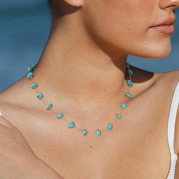 Created Turquoise Necklace for Women 14K Gold Plated Beaded Heart Choker Boho Necklaces Handmade Beach Summer Everyday Western Jewelry Gifts