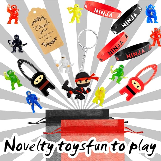 Libima 168 Pcs Ninja Party Favors Karate Birthday Party Supplies Ninja Toys, 48 Small Figurines, 24 Flying Toys, 24 Silicone Bracelets, 24 Keychains, 24 Organza Bags, 24 Thank Card