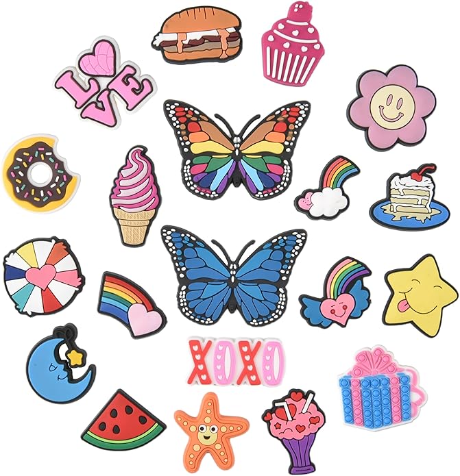 20PCS Cute Shoe Charms for Girls Teens - PVC Flower, Rainbow, Dessert Shoe Clips Decorations for Holely Shoes, Sneakers, Casual Footwear