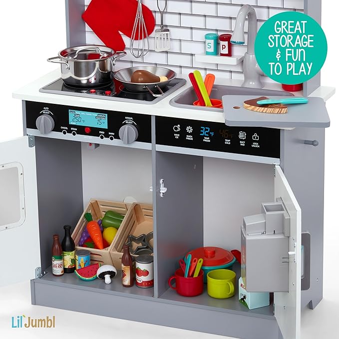 Lil' Jumbl Jumbl Kids Kitchen Set, Pretend Wooden Play Kitchen, Includes Range Hood, Microwave, Stove Top, Oven That Make Realistic Sound & Light, Pots, Pan, Cutting Board & Utensils Included,