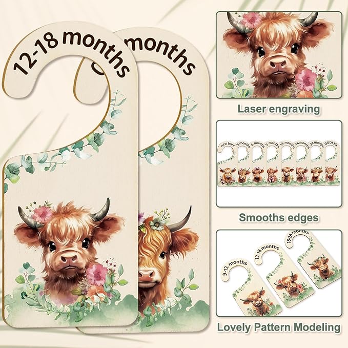 Whaline 8Pcs Baby Closet Size Dividers Watercolor Highland Cow Hanging Wood Baby Closet Organizer Newborn to 24 Months Thicken Baby Wardrobe Organizer-CubbioBaby