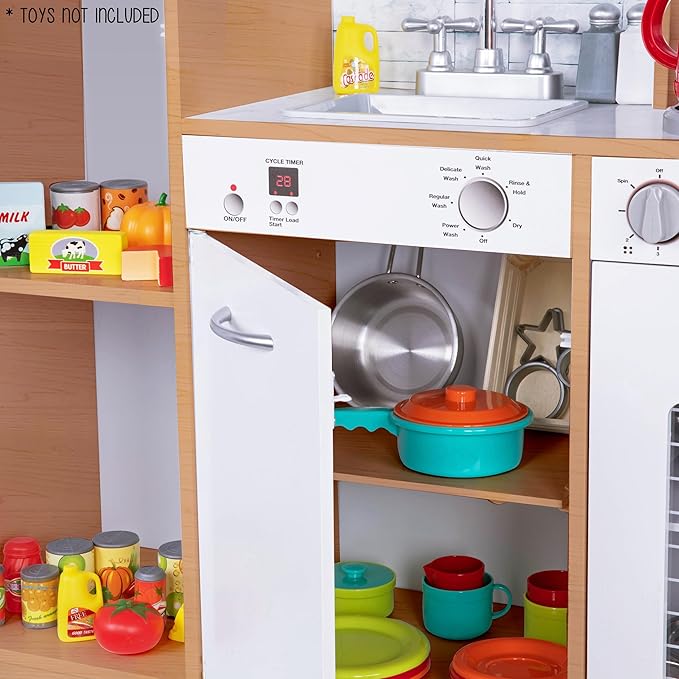 Lil' Jumbl Kids Kitchen Set, Pretend Wooden Play Kitchen, Battery Operated Icemaker & Microwave with Realistic Sound, Pots & Pan Included - Natural