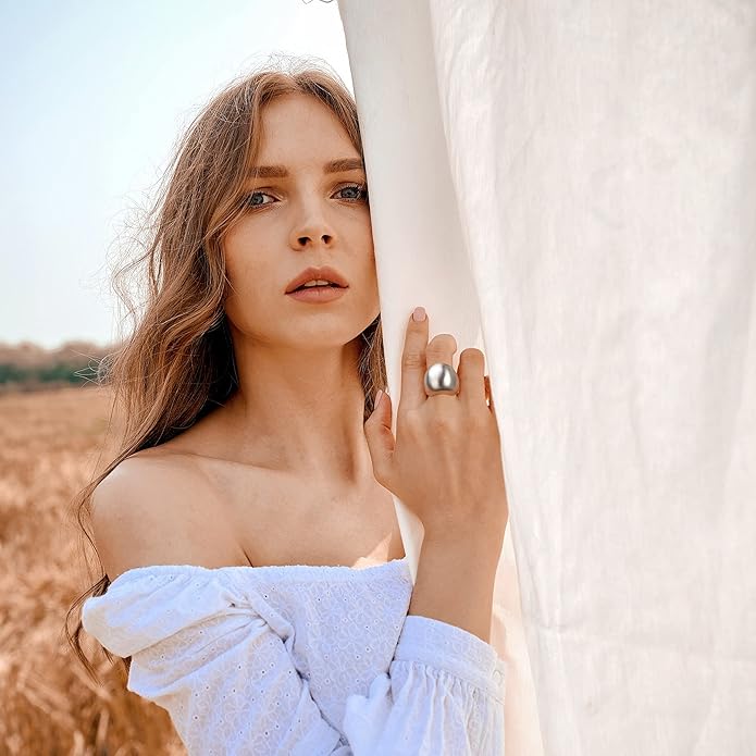 Gold and Silver Rings for Women, Chunky Signet Statement Rings Gold Plated Band Ring Wide Metal Square Rings Cocktail Costume Jewelry