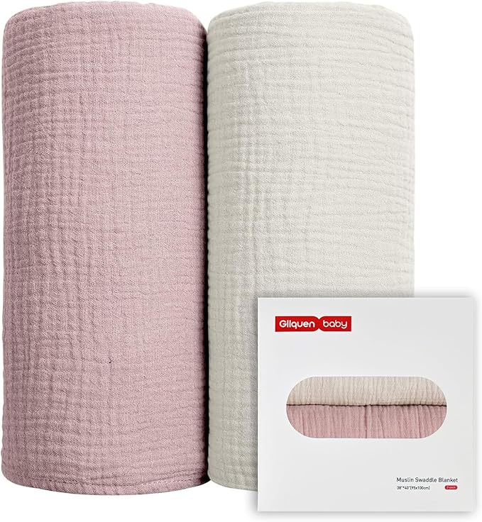 GLLQUEN BABY Muslin Swaddle Blankets for Girls, 2-Pack Organic Baby Blankets for Girl Boy, Newborn Receiving Blanket, Baby Swaddle Blanket Unisex, Baby Essentials, Registry & Gift, 40 x 38 inches-CubbioBaby