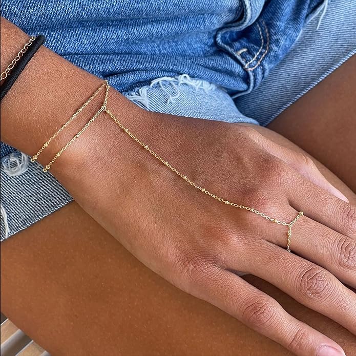 ÌF ME Hand Chain Bracelet Set 14K Gold Plated Durable Gold Bracelets for Women Adjustable Finger Bracelet Hand Jewelry with Extender Perfect for Everyday Wear Ring Bracelet Hand