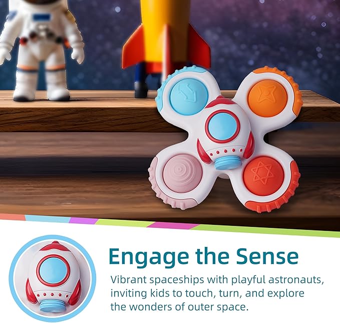 LiKee Strong Suction Cup Fidget Spinnerz Sensory Bath Toys for Baby 12 18 Months Airplane Car Travel Table & Window Toys for 1 2 Year Old Toddler Boys and Girls (Space-1)