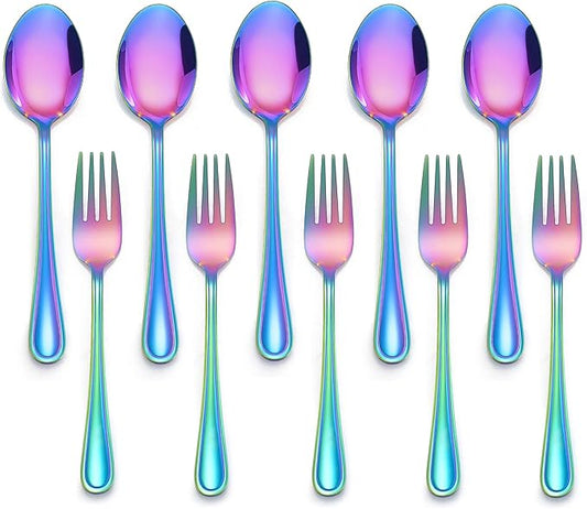 LIANYU 10-Piece Rainbow Children Silverware Set, Kids Forks and Spoons Silverware Set, Stainless Steel Toddler Utensils Flatware, Child Cutlery for Home Preschools, Dishwasher Safe