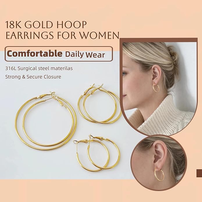 Hypoallergenic 18K Gold Plated Hoop Earrings for Women,Gold Surgical Steel Hoops Earrings, Big Large Thin Hoop Earring for Women, Classic Hoops Everyday Wear 30/40/50/60mm