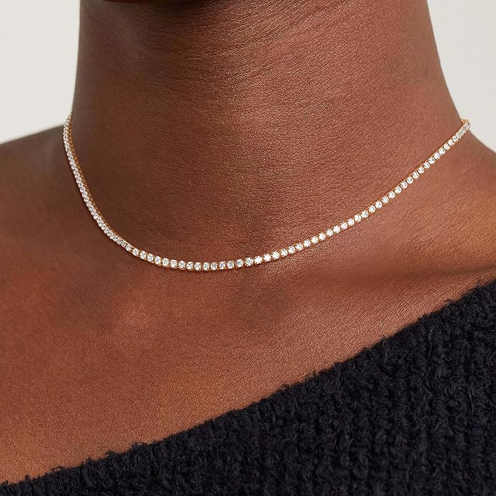 Tennis Necklace for Women, 14K Gold/Silver Plated Rhinestone Choker Necklace for Women, Dainty Cubic Zirconia Cut Faux Diamond Chain