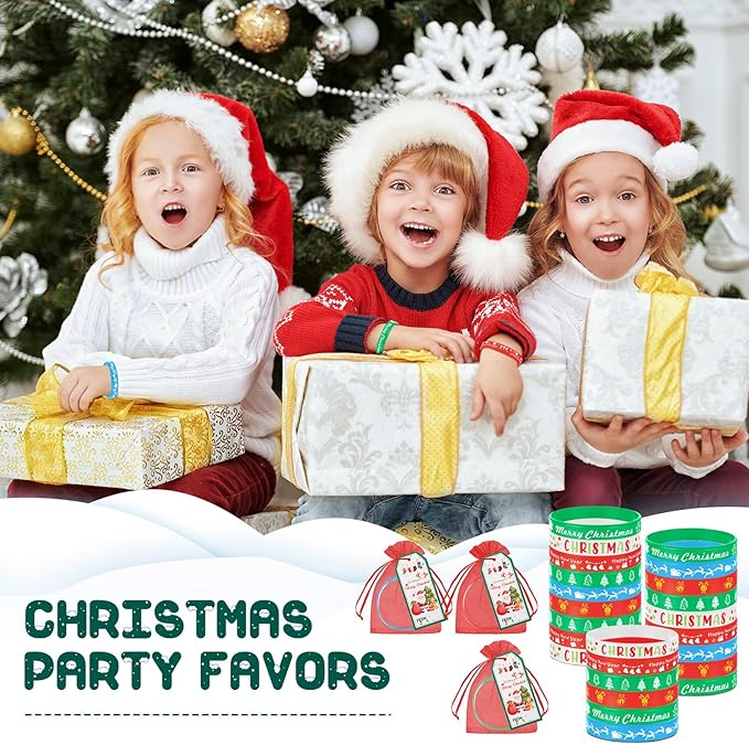 Liliful 72 Pcs 24 Set Christmas Students Gifts, Christmas Silicone Wristbands with Gift Label Tags and Organza Bags for Kids Christmas Stocking Stuffers Classroom Gifts Party Favors
