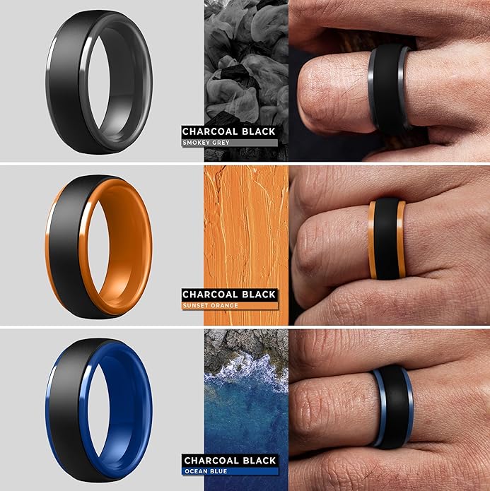 ThunderFit Silicone Rings for Men - 7 Rings / 4 Rings / 1 Ring Step Edge Rubber Wedding Bands 10mm Wide - 2.5mm Thick