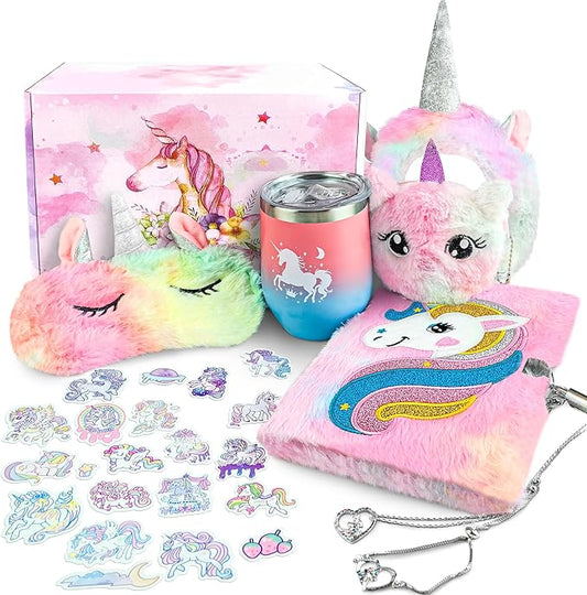 LINAYE Unicorn Gifts for Girls Age 6-8, Unicorn Gifts Box for Girls Age 5 6 7 8, Christmas Birthday Gifts for Girls Unicorn Christmas Basket for Girls