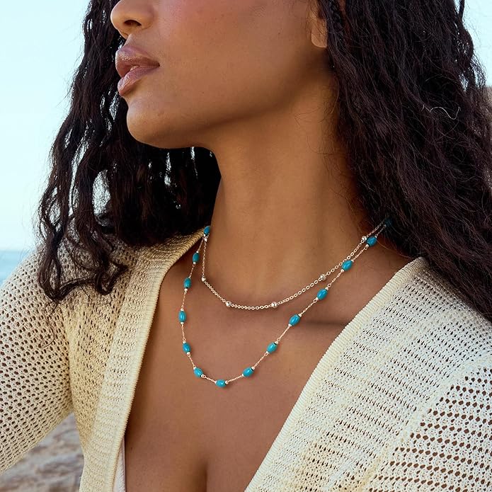 Created Turquoise Necklace for Women 14K Gold Plated Beaded Heart Choker Boho Necklaces Handmade Beach Summer Everyday Western Jewelry Gifts